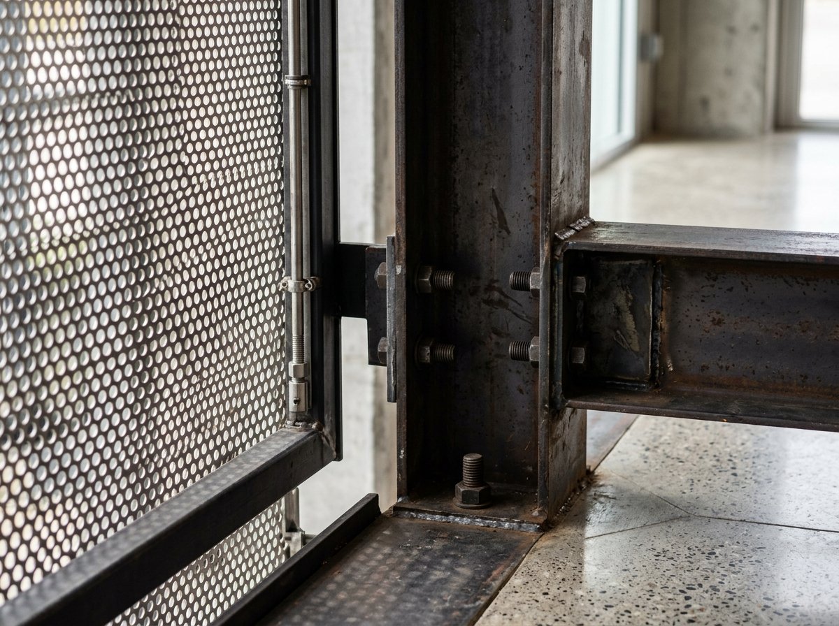 Raw architectural industrial materials, structural steel beam and metallic facade grid